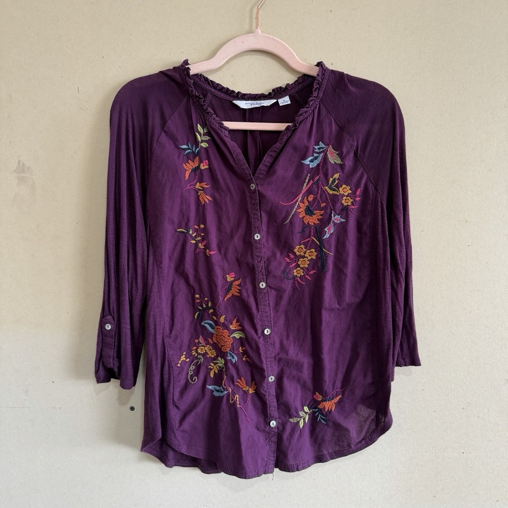 Great Northwest Indigo Embroidered Boho Top Medium Purple Button Up Blouse VGUC